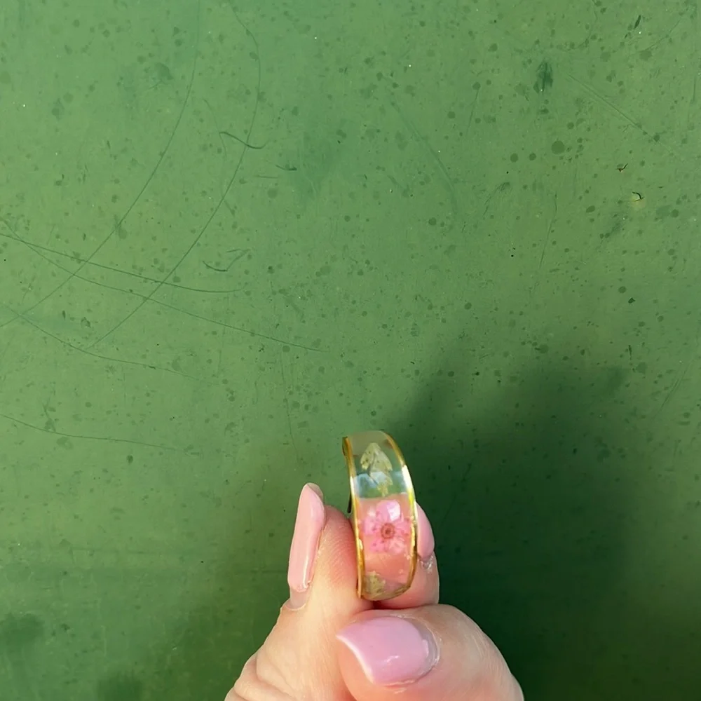 Handmade Gold Resin Hoop Earrings with Dried Pink Flowers - Picture 12 of 16